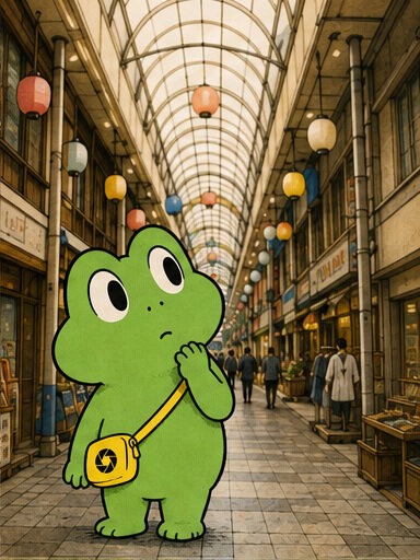 カエルが商店街を歩く様子