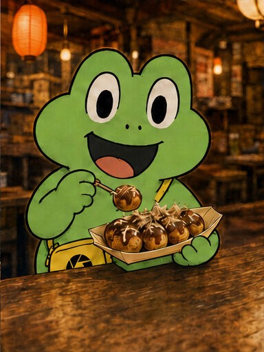 カエルがたこ焼きを食べる様子