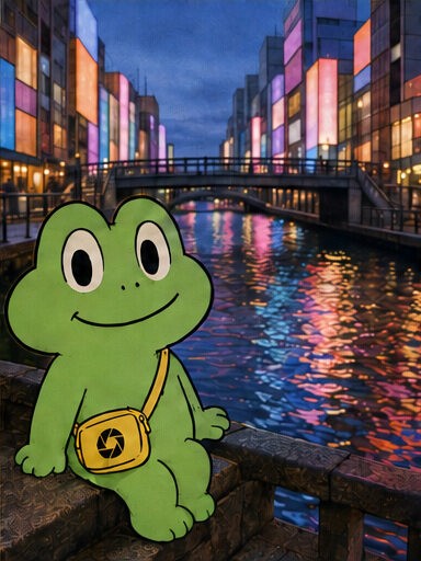 夜の道頓堀川にいるカエル